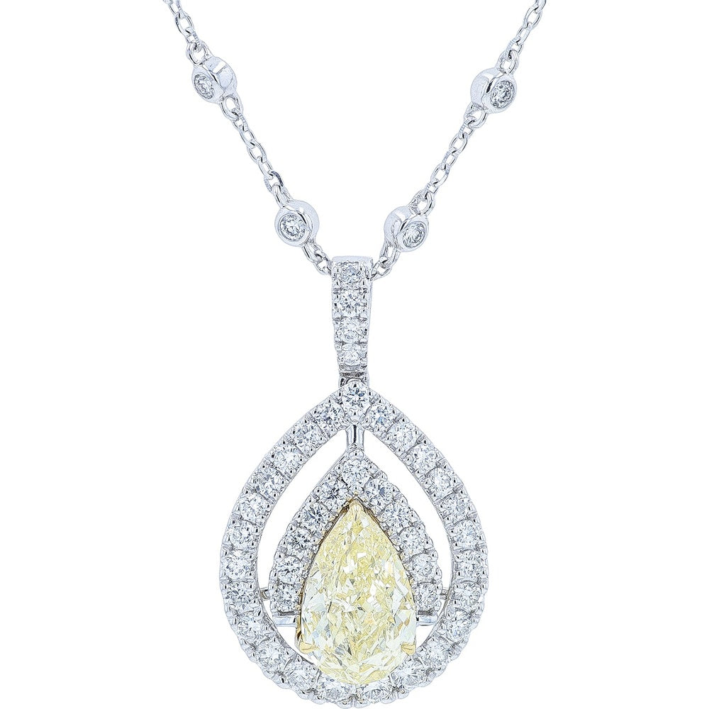 14K Two-Tone Gold Pear-Cut Lab-Grown Yellow Diamond Halo Pendant with Diamond Station Chain - 2.75 Carat Total Diamond Weight