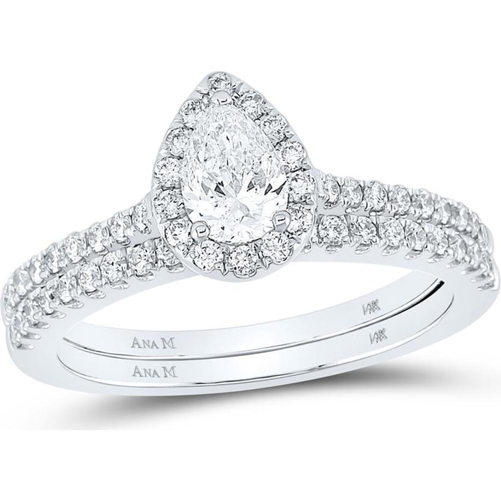 14K Two-Tone Gold Pear Diamond Halo Bridal Wedding Ring Set - 1 Carat Total Diamond Weight