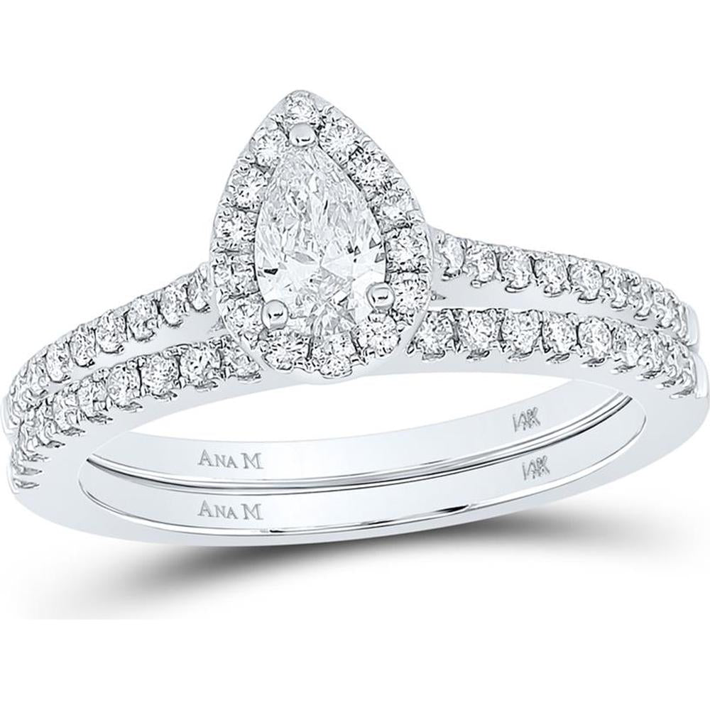 14K Two-Tone Gold Pear Diamond Halo Bridal Wedding Ring Set - 7/8 Carat Total Diamond Weight