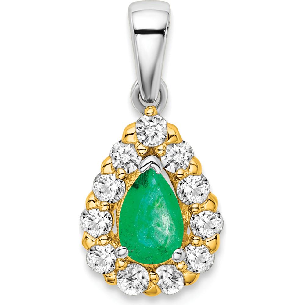 14K Two-Tone Gold Pear Emerald and Diamond Halo Pendant - 0.5 Carat Emerald, 0.385 Carat Total Diamond Weight by Lumare Gioia