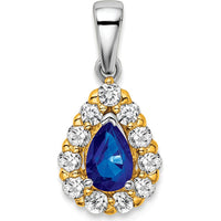 14K Two-Tone Gold Pear Sapphire and Diamond Halo Pendant - 0.5 Carat Sapphire, 0.035 Carat Diamond by Lumare Gioia