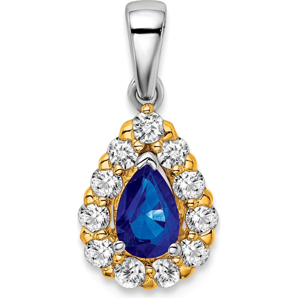 14K Two-Tone Gold Pear Sapphire and Diamond Halo Pendant - 0.5 Carat Sapphire, 0.035 Carat Diamond by Lumare Gioia