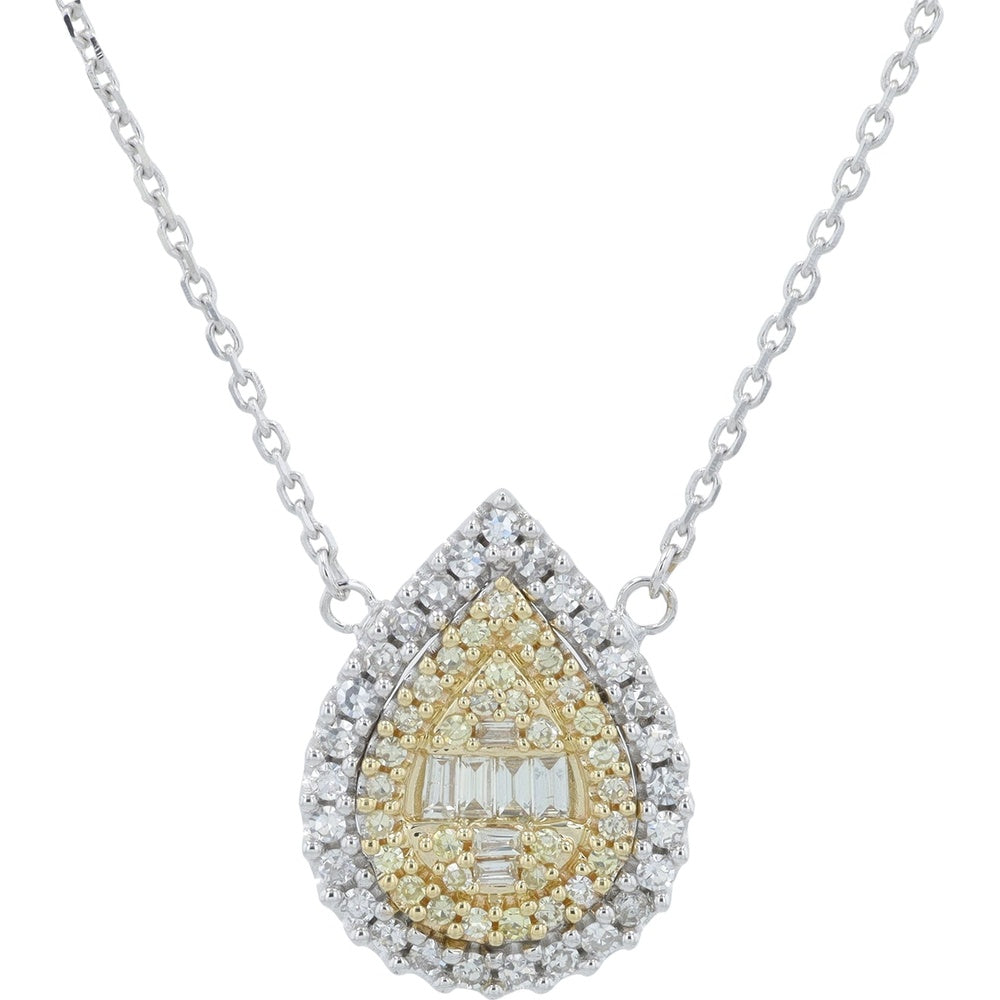 14K Two-Tone Gold Pear-Shaped Pendant Necklace with Baguette and Round Diamond Cluster - 0.50 Carat Total Diamond Weight