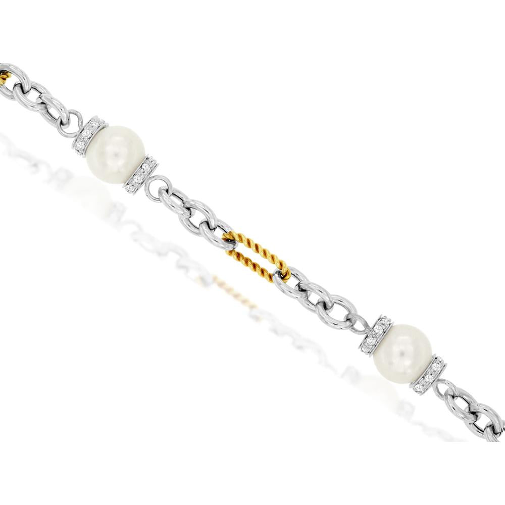 14K Two-Tone Gold Pearl and Diamond Station Bracelet with 0.39 Carat Round Brilliant Diamonds - Royal Jewelry
