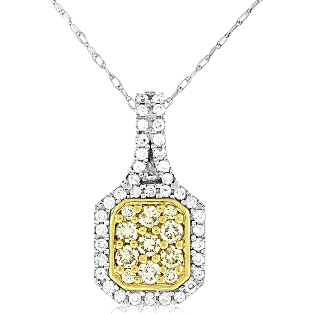 14K Two-Tone Gold Pendant with Yellow Diamond Cluster and White Diamond Double Halo - 0.37 Carat Yellow Diamond and 0.27 Carat White Diamond Total Weight - Royal Jewelry