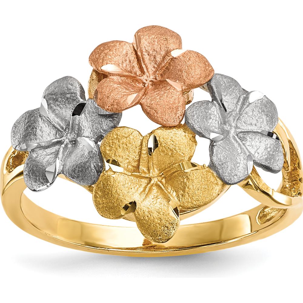 14K Two-Tone Gold Plumeria Ring with Satin Diamond-Cut and Rhodium Plating - Floral Themed Design by 0