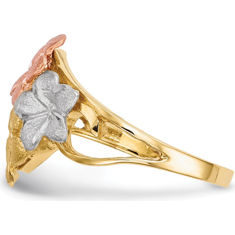 14K Two-Tone Gold Plumeria Ring with Satin Diamond-Cut and Rhodium Plating - Floral Themed Design by 0