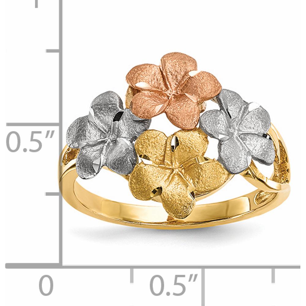 14K Two-Tone Gold Plumeria Ring with Satin Diamond-Cut and Rhodium Plating - Floral Themed Design by 0