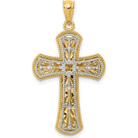14K Two-Tone Gold Polished 2-Level Cross Pendant with Textured Detailing - Faith-Inspired Design by Oro Pregiato