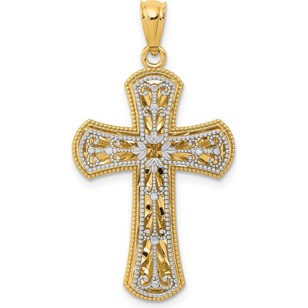 14K Two-Tone Gold Polished 2-Level Cross Pendant with Textured Detailing - Faith-Inspired Design by Oro Pregiato