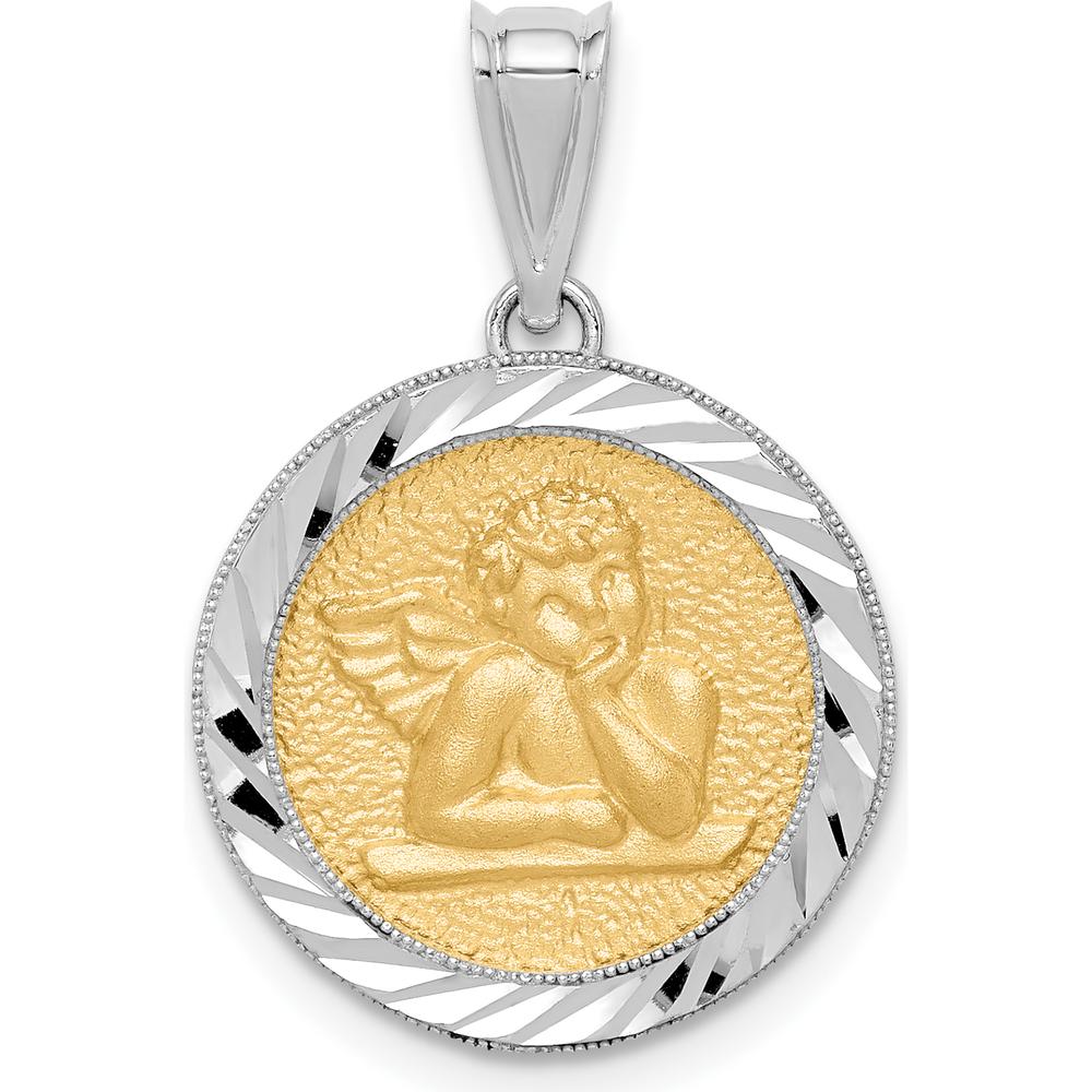 14K Two-Tone Gold Polished and Diamond-Cut Angel Pendant with Textured Yellow Gold Motif by Oro Pregiato