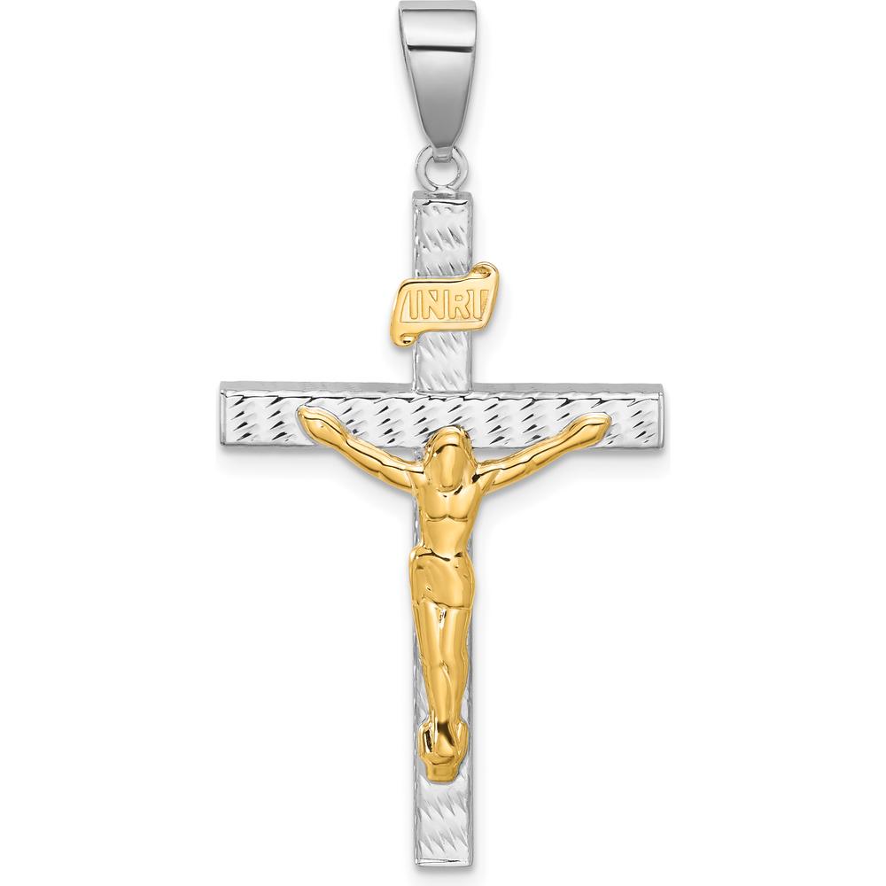 14K Two-Tone Gold Polished and Diamond-cut Crucifix Pendant with Rhodium-Plated Accents - 43.7mm Length by Oro Pregiato