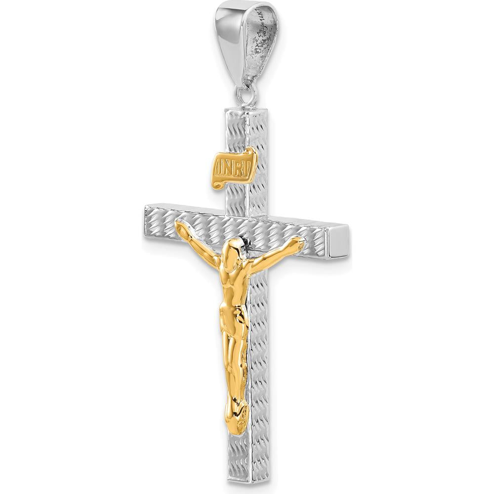 14K Two-Tone Gold Polished and Diamond-cut Crucifix Pendant with Rhodium-Plated Accents - 43.7mm Length by Oro Pregiato