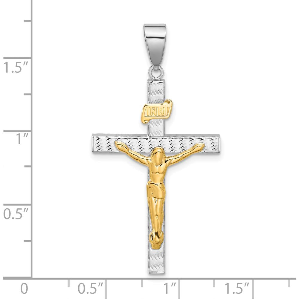14K Two-Tone Gold Polished and Diamond-cut Crucifix Pendant with Rhodium-Plated Accents - 43.7mm Length by Oro Pregiato