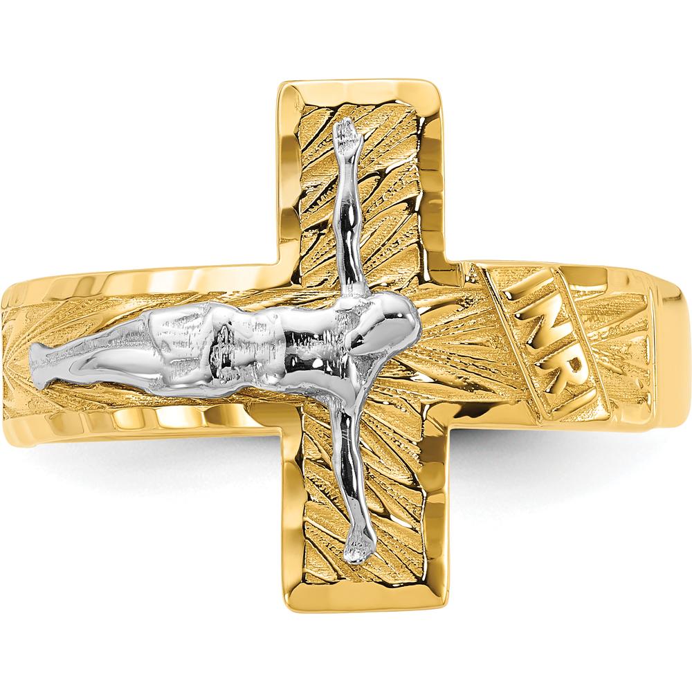 14K Two-Tone Gold Polished & Diamond-Cut Men's Crucifix Ring - Symbol of Faith & Strength by Oro Pregiato