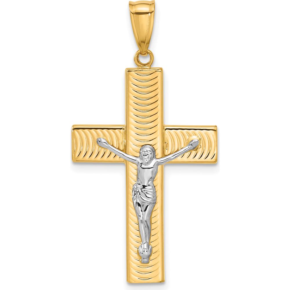 14K Two-Tone Gold Polished and Textured Crucifix Pendant - 36mm Length by Oro Pregiato