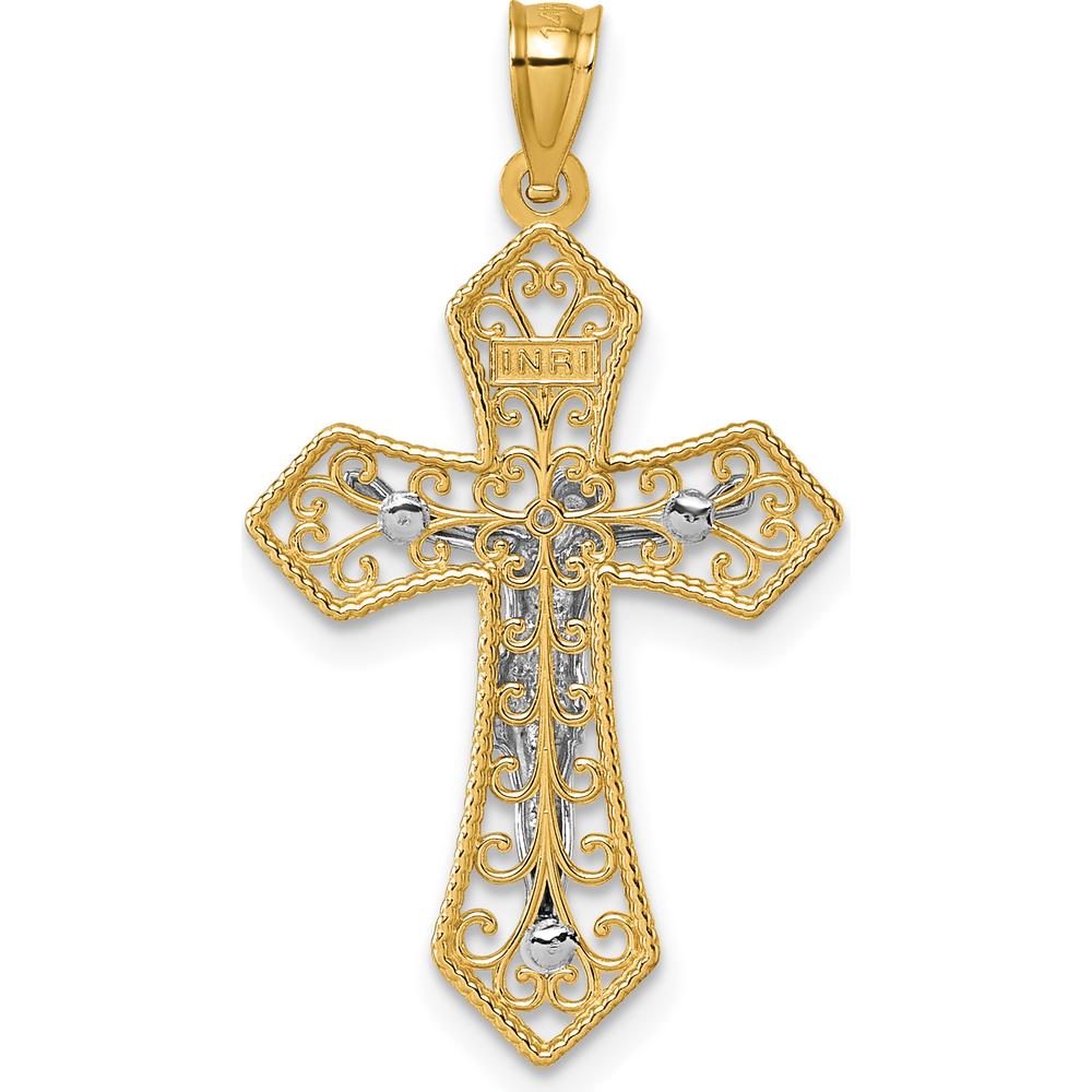 14K Two-Tone Gold Polished and Textured Filigree Passion Crucifix Pendant - 32.8mm Length by Oro Pregiato