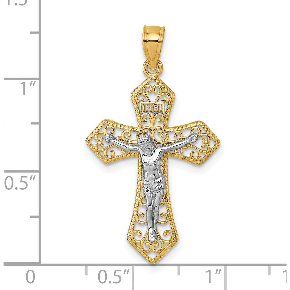 14K Two-Tone Gold Polished and Textured Filigree Passion Crucifix Pendant - 32.8mm Length by Oro Pregiato