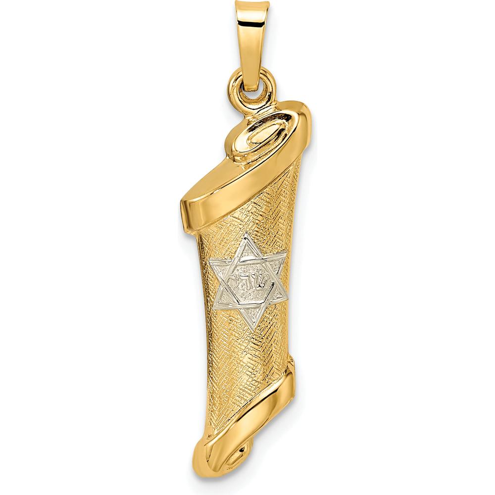 14K Two-Tone Gold Polished and Textured Torah Scroll with Star of David Pendant - 31mm Length by Oro Pregiato