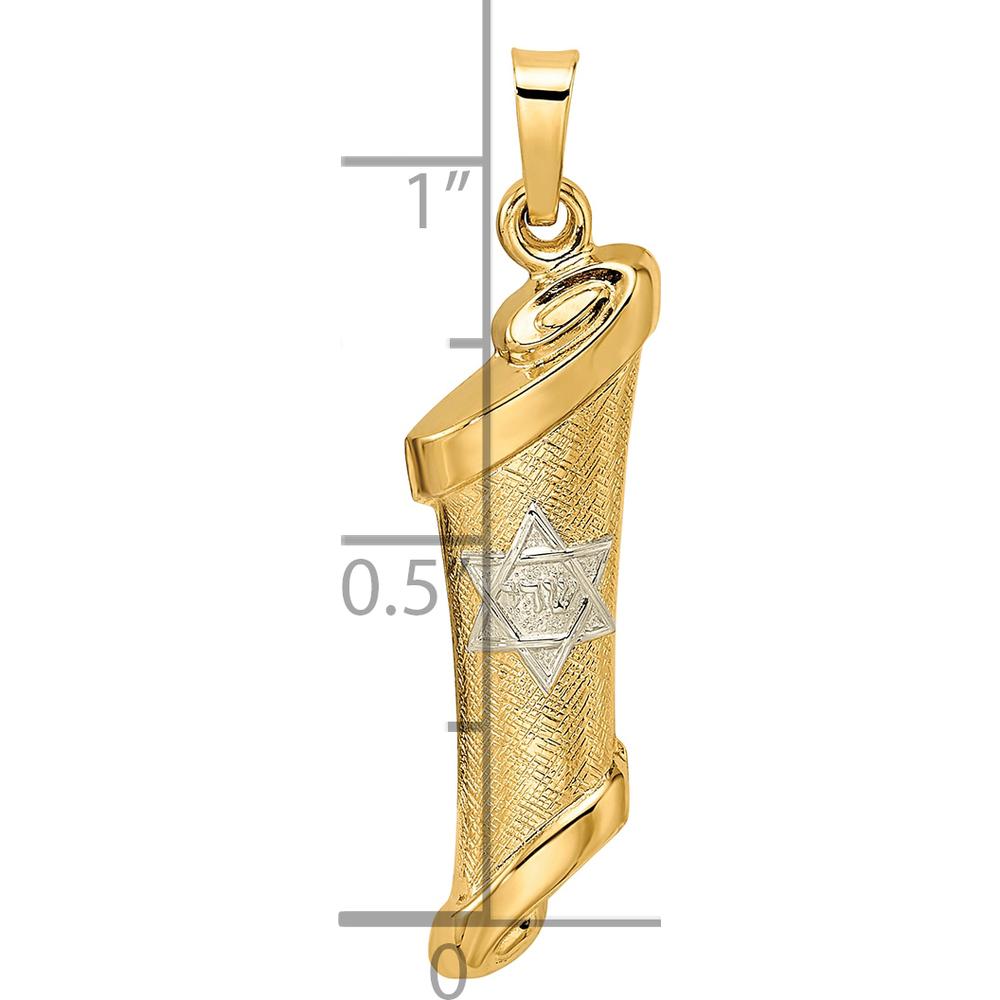 14K Two-Tone Gold Polished and Textured Torah Scroll with Star of David Pendant - 31mm Length by Oro Pregiato