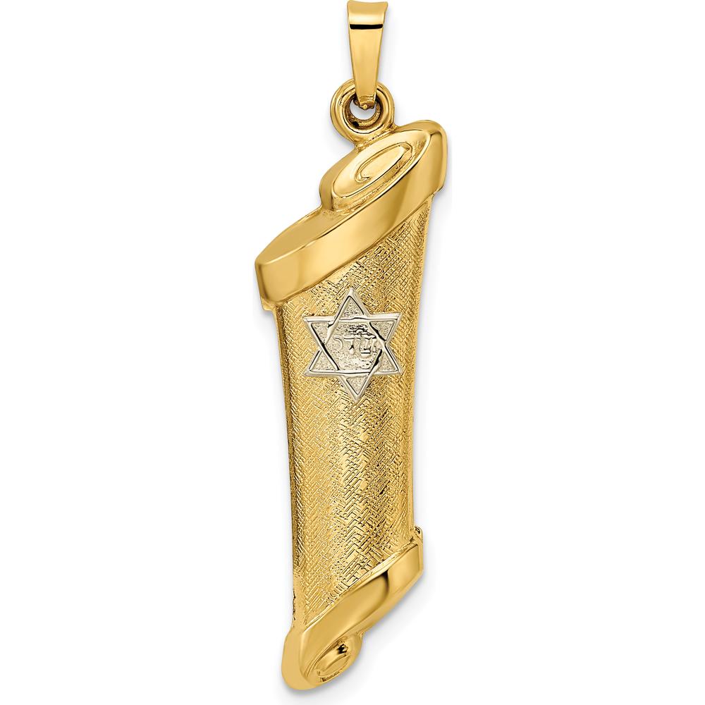 14K Two-Tone Gold Polished and Textured Torah Scroll with Star of David Pendant - 37mm Length by Oro Pregiato