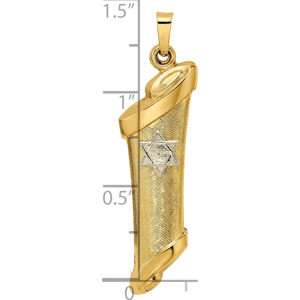 14K Two-Tone Gold Polished and Textured Torah Scroll with Star of David Pendant - 37mm Length by Oro Pregiato