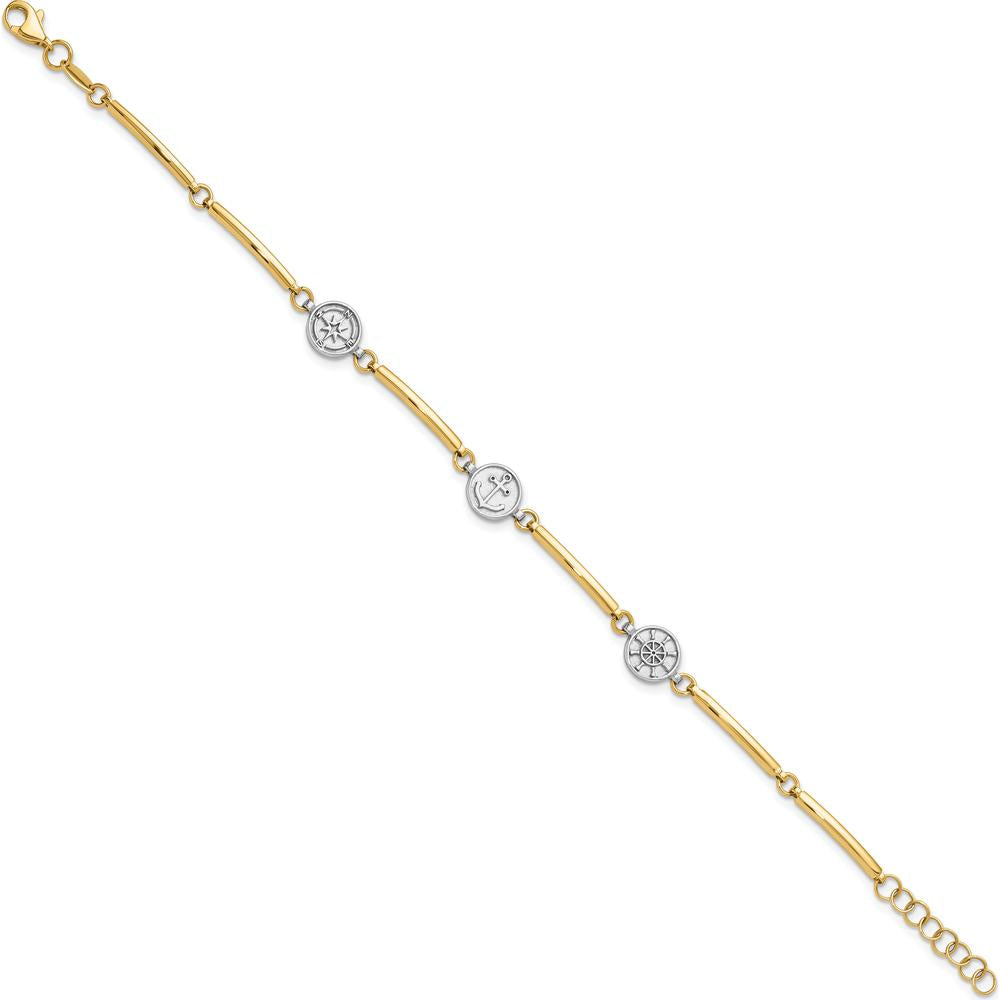 14K Two-Tone Gold Polished Compass, Anchor, Ship Wheel Bracelet - 7" with 1" Extender by Oro Pregiato