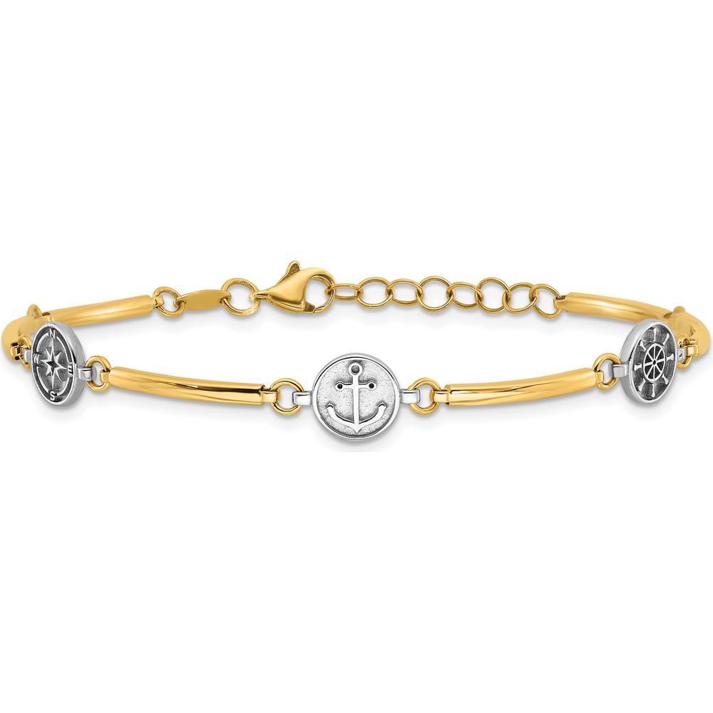 14K Two-Tone Gold Polished Compass, Anchor, Ship Wheel Bracelet - 7" with 1" Extender by Oro Pregiato