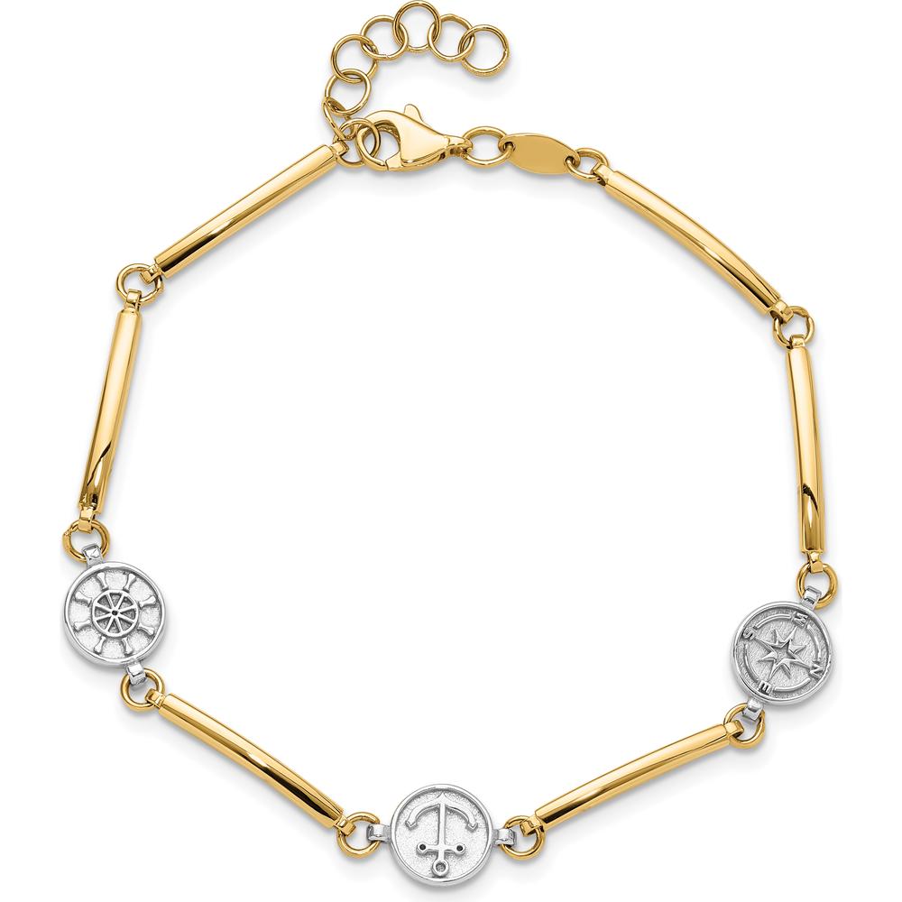14K Two-Tone Gold Polished Compass, Anchor, Ship Wheel Bracelet - 7" with 1" Extender by Oro Pregiato