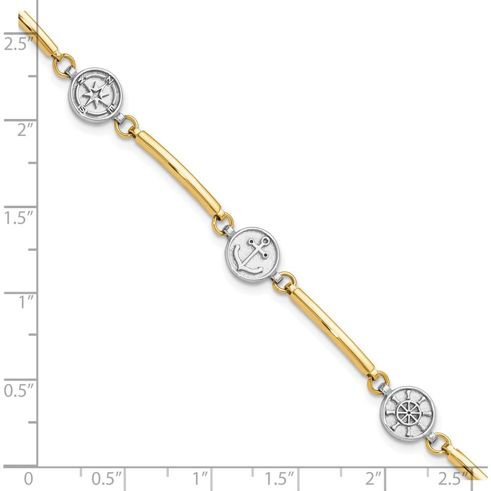 14K Two-Tone Gold Polished Compass, Anchor, Ship Wheel Bracelet - 7" with 1" Extender by Oro Pregiato