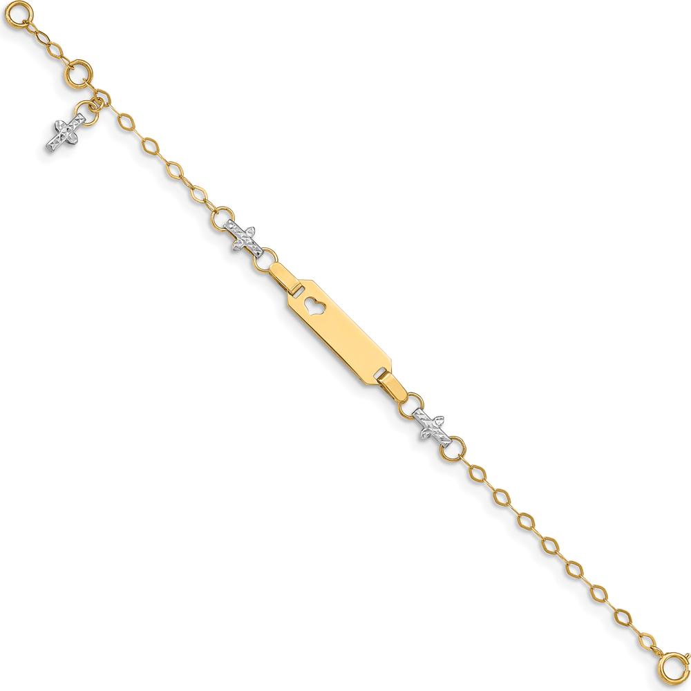 14K Two-Tone Gold Polished Cross and Heart Baby/Child ID Bracelet with 1" Extender by Oro Pregiato