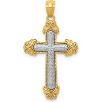 14K Two-Tone Gold Polished Cross Pendant with Textured Leaf Design by Oro Pregiato