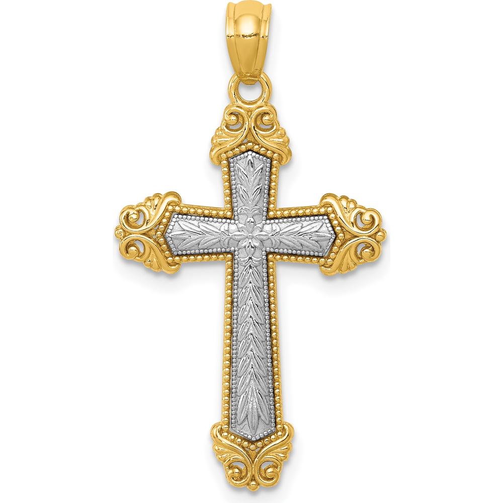 14K Two-Tone Gold Polished Cross Pendant with Textured Leaf Design by Oro Pregiato