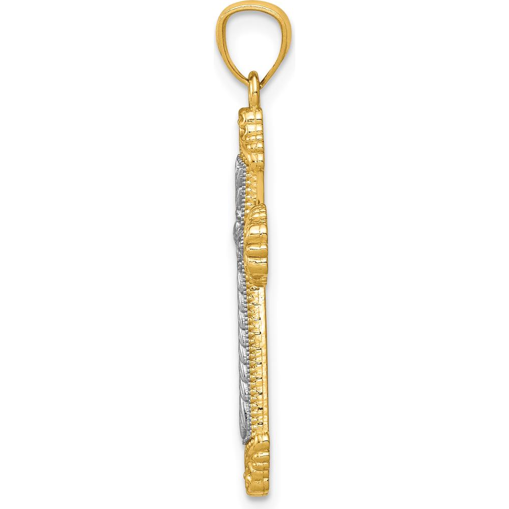 14K Two-Tone Gold Polished Cross Pendant with Textured Leaf Design by Oro Pregiato