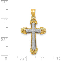 14K Two-Tone Gold Polished Cross Pendant with Textured Leaf Design by Oro Pregiato