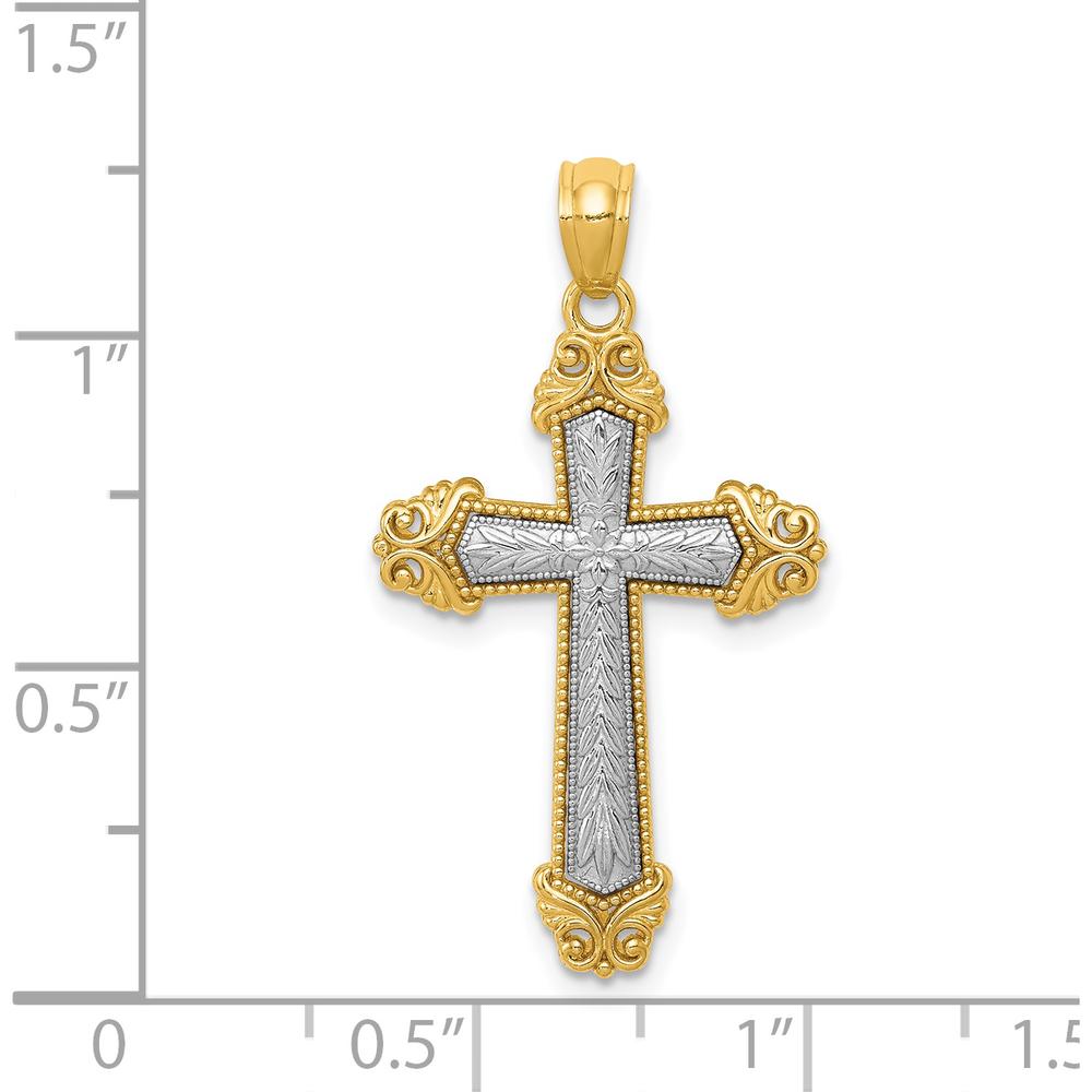 14K Two-Tone Gold Polished Cross Pendant with Textured Leaf Design by Oro Pregiato