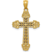 14K Two-Tone Gold Polished Cross Pendant with Textured Leaf Design by Oro Pregiato