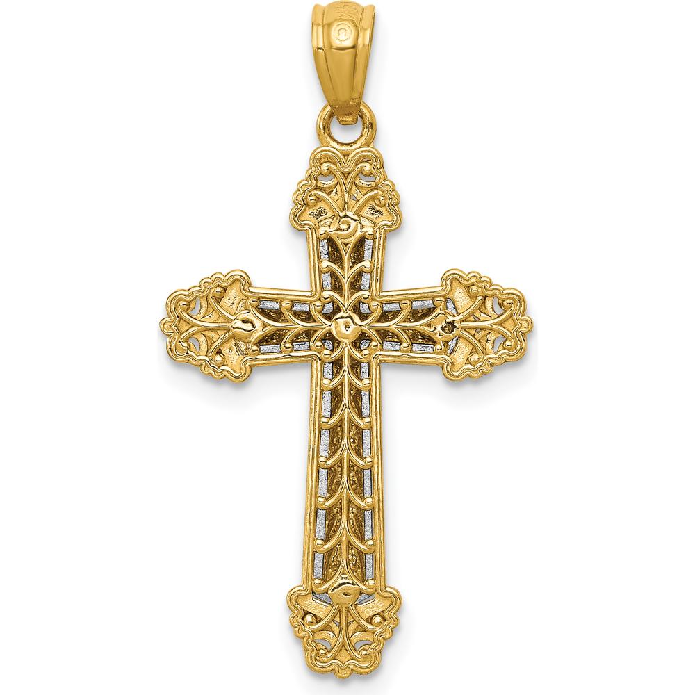 14K Two-Tone Gold Polished Cross Pendant with Textured Leaf Design by Oro Pregiato
