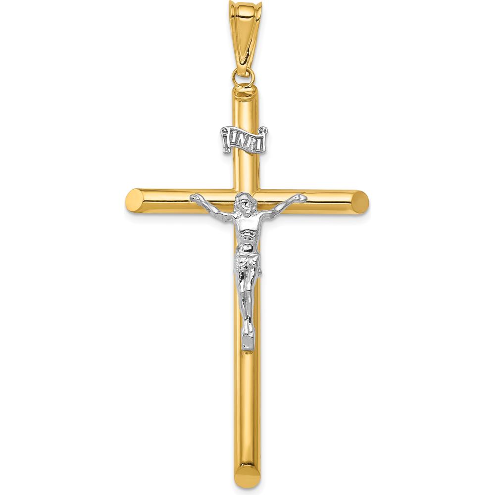 14K Two-Tone Gold Polished Crucifix Pendant with Hollow Design - 66mm Length by Oro Pregiato