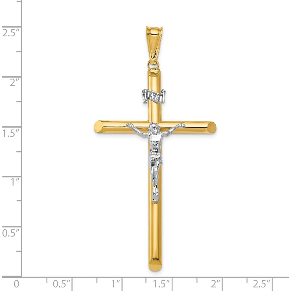 14K Two-Tone Gold Polished Crucifix Pendant with Hollow Design - 66mm Length by Oro Pregiato