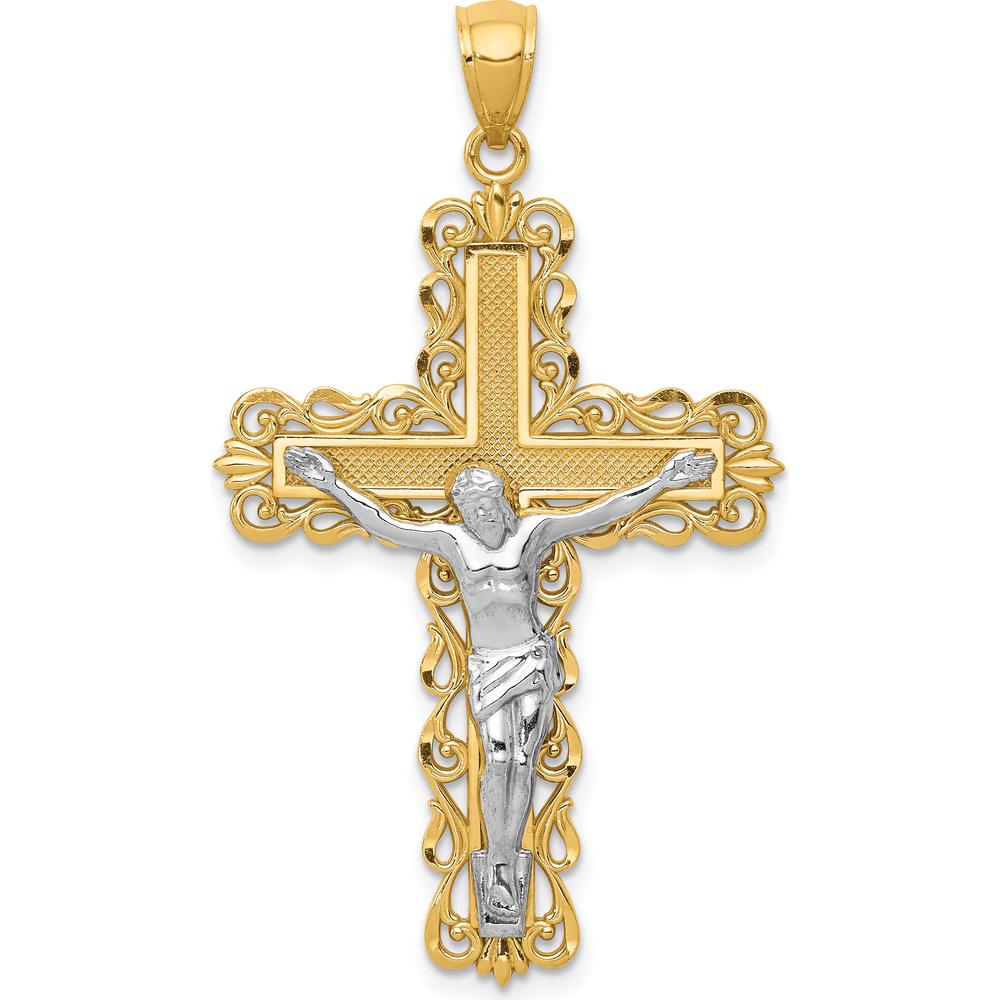 14K Two-Tone Gold Polished Crucifix Pendant with Textured Detailing - Solid Faith Pendant by Oro Pregiato