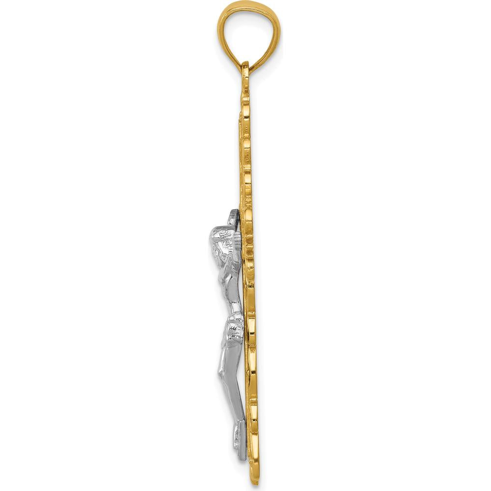 14K Two-Tone Gold Polished Crucifix Pendant with Textured Detailing - Solid Faith Pendant by Oro Pregiato
