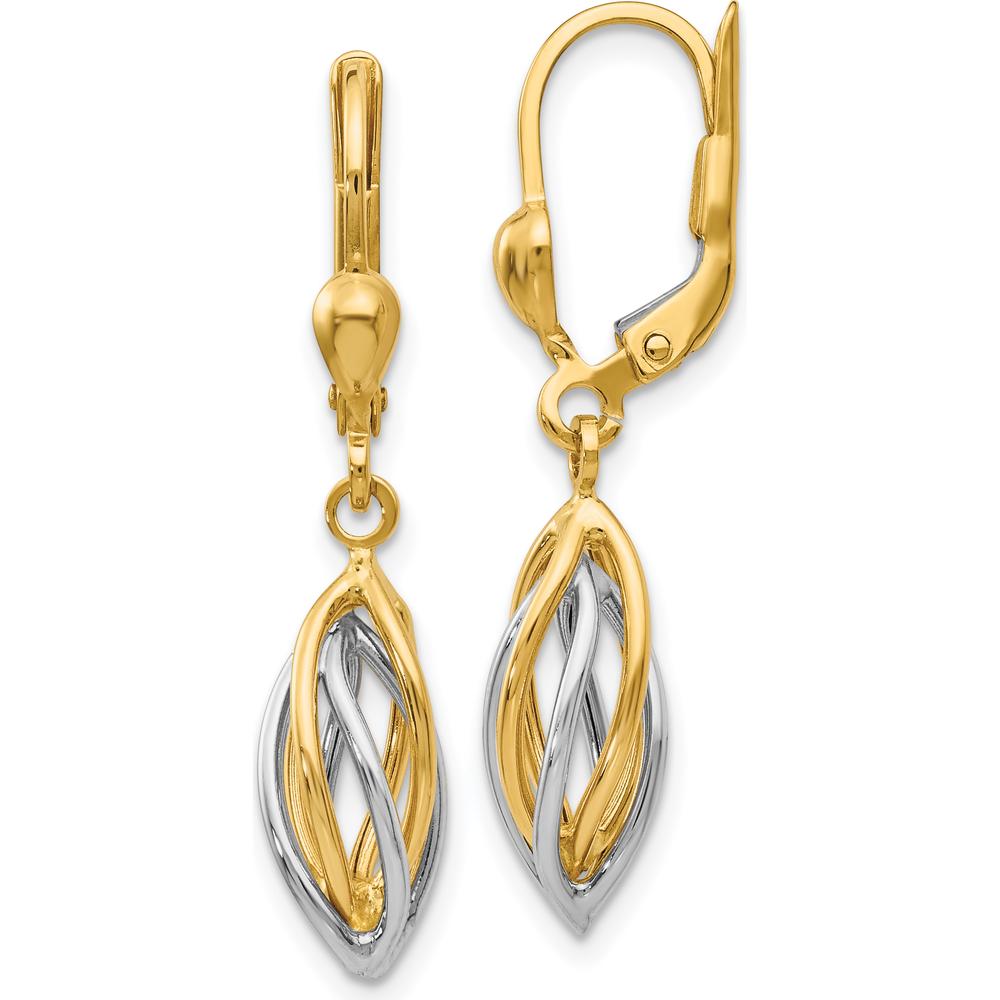 14K Two-Tone Gold Polished Dangle Leverback Earrings - Elegant Drop Design by 0