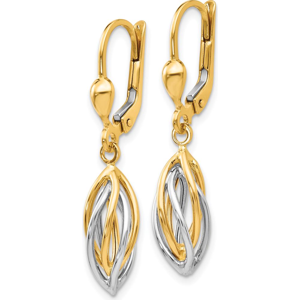 14K Two-Tone Gold Polished Dangle Leverback Earrings - Elegant Drop Design by 0