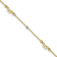 14K Two-Tone Gold Polished Diamond-cut Beads and Bows 9" Anklet with 1" Extender