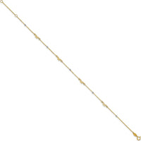 14K Two-Tone Gold Polished Diamond-cut Beads and Bows 9" Anklet with 1" Extender