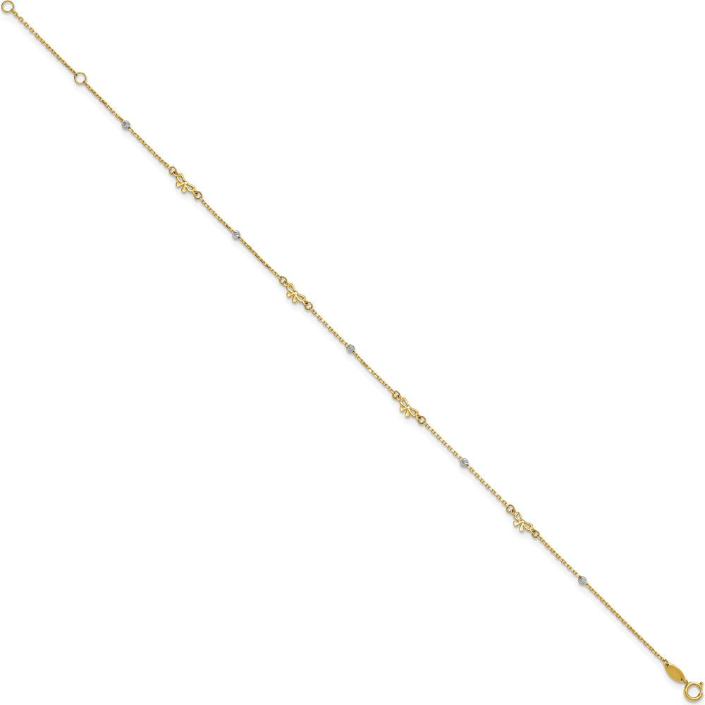 14K Two-Tone Gold Polished Diamond-cut Beads and Bows 9" Anklet with 1" Extender
