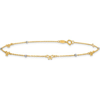 14K Two-Tone Gold Polished Diamond-cut Beads and Bows 9" Anklet with 1" Extender