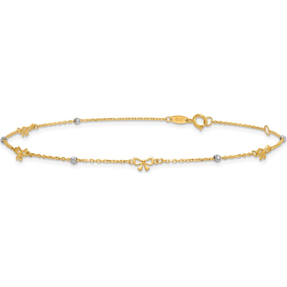 14K Two-Tone Gold Polished Diamond-cut Beads and Bows 9" Anklet with 1" Extender