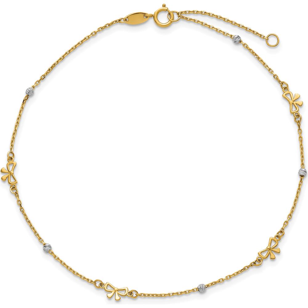 14K Two-Tone Gold Polished Diamond-cut Beads and Bows 9" Anklet with 1" Extender